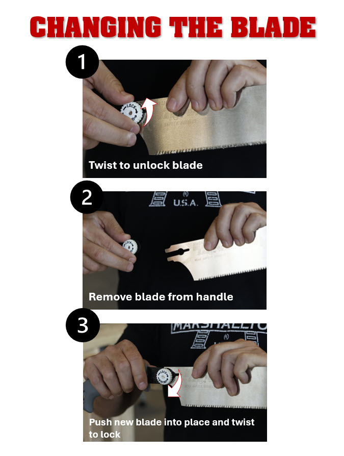 three steps for changing the blade on a bear saw